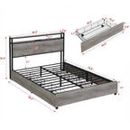 Lit plateforme queen gris antique avec tête de lit de rangement et 4 tiroirs, 1 personne