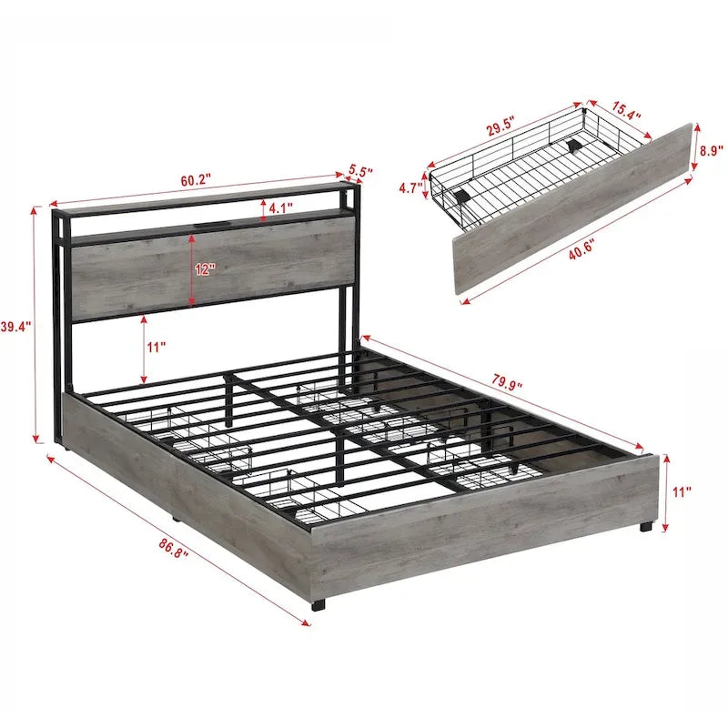 Lit plateforme queen gris antique avec tête de lit de rangement et 4 tiroirs, 1 personne