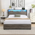 Lit plateforme queen gris antique avec tête de lit de rangement et 4 tiroirs, 1 personne