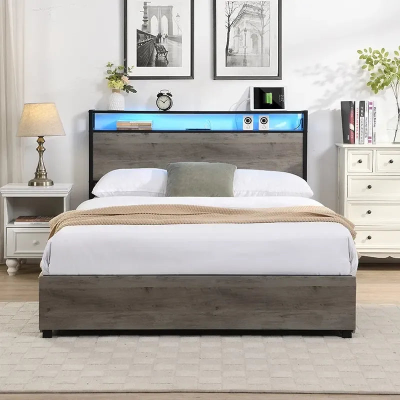 Lit plateforme queen gris antique avec tête de lit de rangement et 4 tiroirs, 1 personne