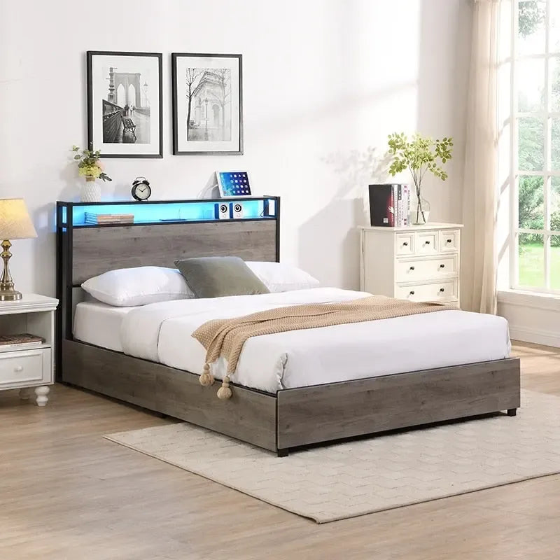 Lit plateforme queen gris antique avec tête de lit de rangement et 4 tiroirs, 1 personne