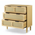 Commode 3 tiroirs en bois naturel, style rotin