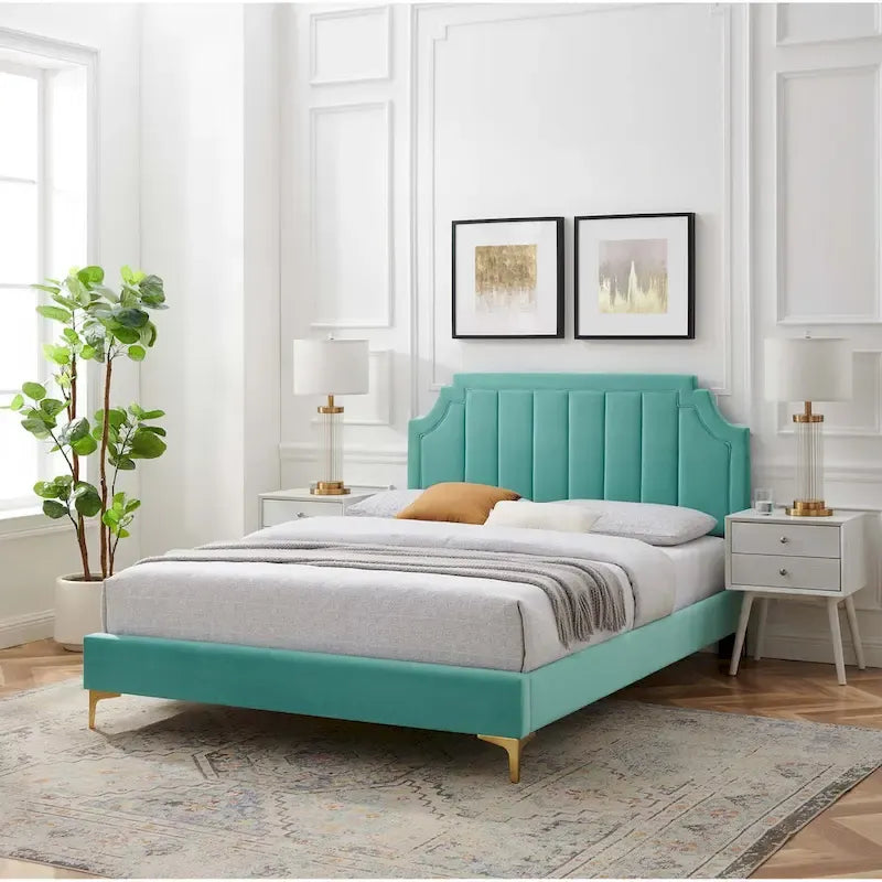 Lit plateforme simple capitonné en velours