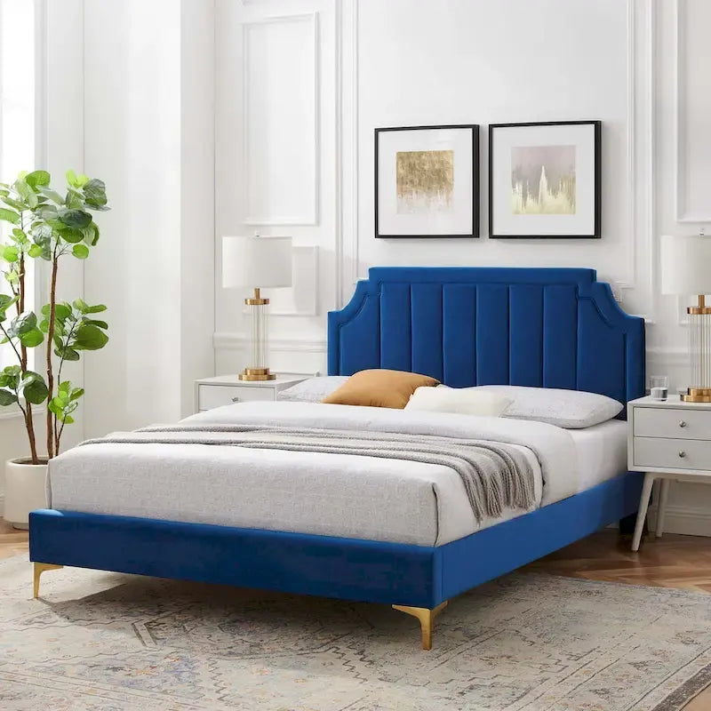 Lit plateforme simple capitonné en velours