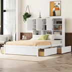 Lit plateforme double blanc/gris avec tête de lit de rangement et 4 tiroirs, 2 personnes