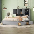 Lit plateforme double blanc/gris avec tête de lit de rangement et 4 tiroirs, 2 personnes