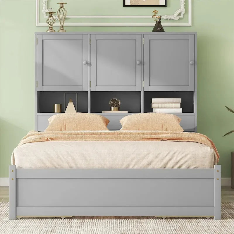 Lit plateforme double blanc/gris avec tête de lit de rangement et 4 tiroirs, 2 personnes