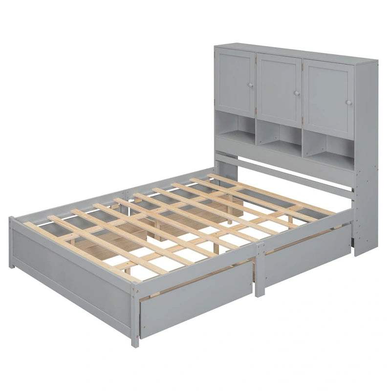 Lit plateforme double blanc/gris avec tête de lit de rangement et 4 tiroirs, 2 personnes