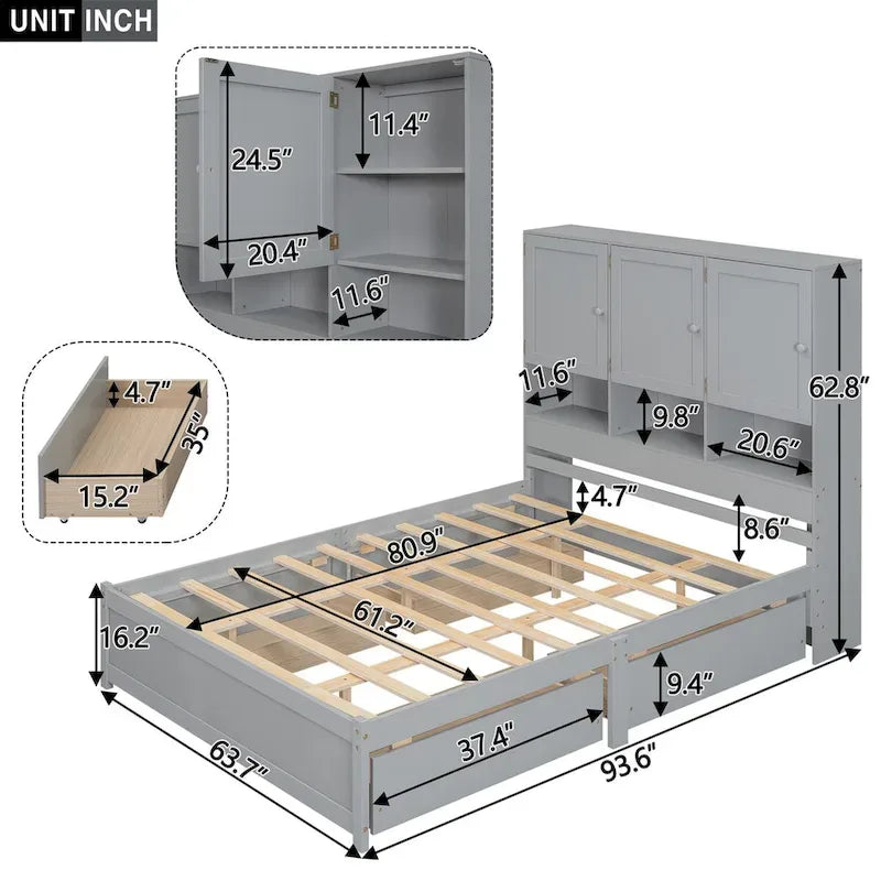 Lit plateforme double blanc/gris avec tête de lit de rangement et 4 tiroirs, 2 personnes