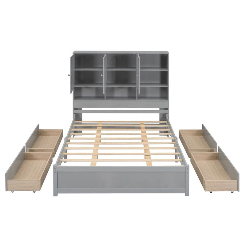 Lit plateforme double blanc/gris avec tête de lit de rangement et 4 tiroirs, 2 personnes
