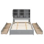 Lit plateforme double blanc/gris avec tête de lit de rangement et 4 tiroirs, 2 personnes