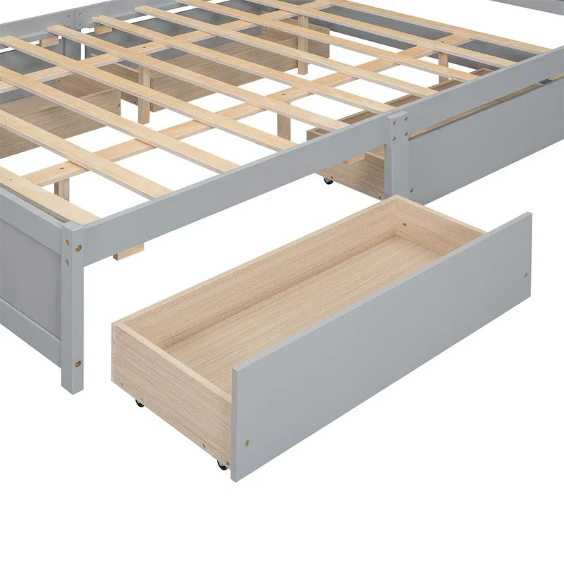 Lit plateforme double blanc/gris avec tête de lit de rangement et 4 tiroirs, 2 personnes