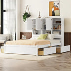 Lit plateforme double blanc/gris avec tête de lit de rangement et 4 tiroirs, 2 personnes