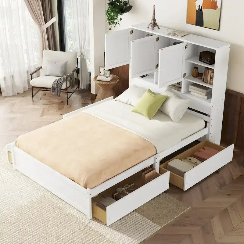 Lit plateforme double blanc/gris avec tête de lit de rangement et 4 tiroirs, 2 personnes