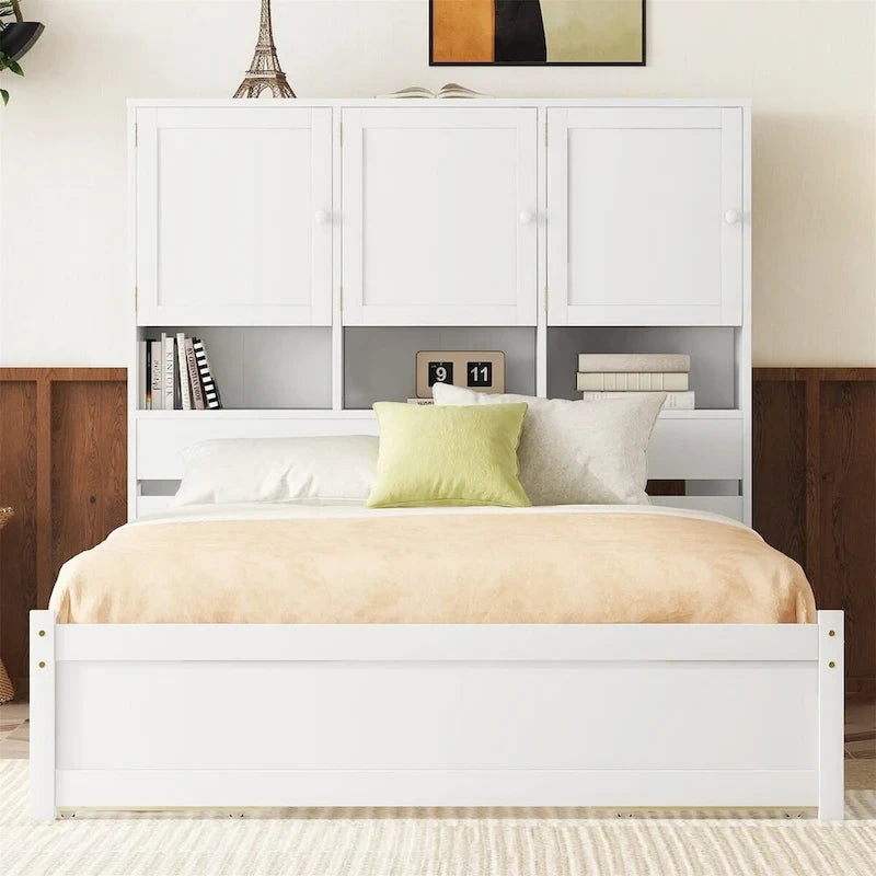 Lit plateforme double blanc/gris avec tête de lit de rangement et 4 tiroirs, 2 personnes