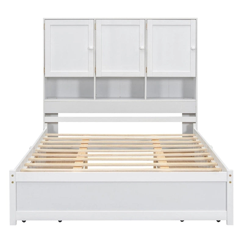 Lit plateforme double blanc/gris avec tête de lit de rangement et 4 tiroirs, 2 personnes