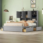 Lit plateforme double blanc/gris avec tête de lit de rangement et 4 tiroirs, 2 personnes