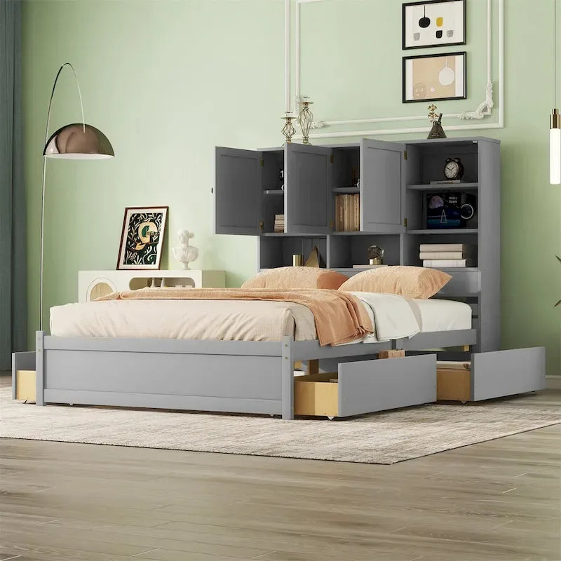 Lit plateforme double blanc/gris avec tête de lit de rangement et 4 tiroirs, 2 personnes