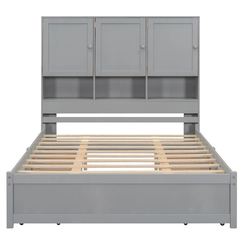 Lit plateforme double blanc/gris avec tête de lit de rangement et 4 tiroirs, 2 personnes
