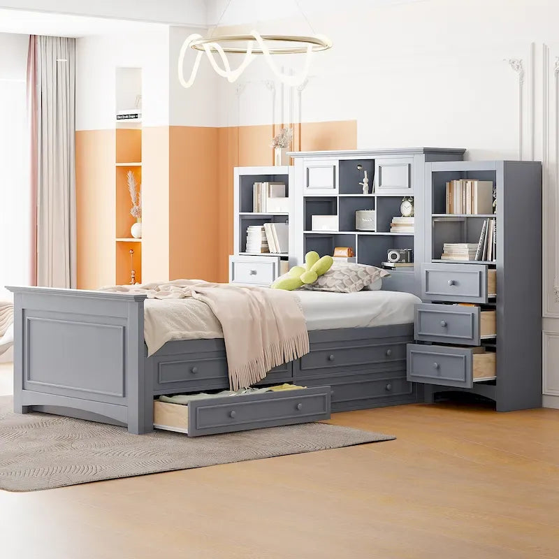 Lit plateforme double avec armoire de rangement et 4 tiroirs, gris/blanc, convient pour 1 personne