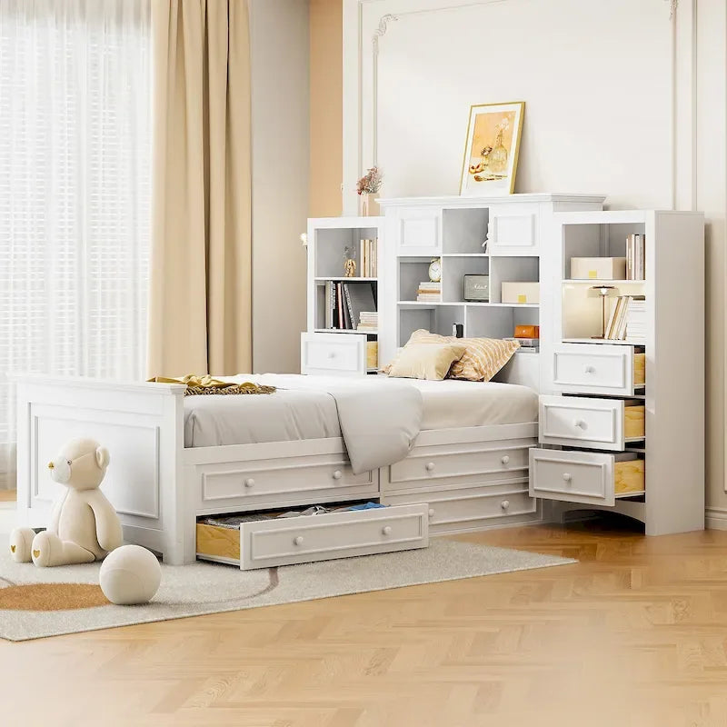 Lit plateforme double avec armoire de rangement et 4 tiroirs, gris/blanc, convient pour 1 personne