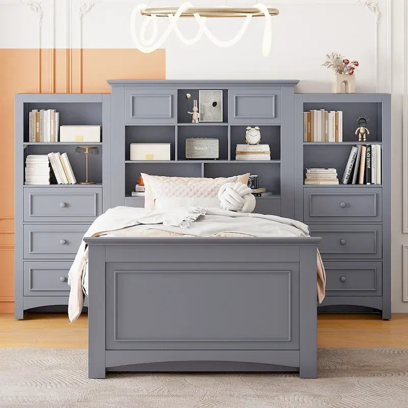 Lit plateforme double avec armoire de rangement et 4 tiroirs, gris/blanc, convient pour 1 personne