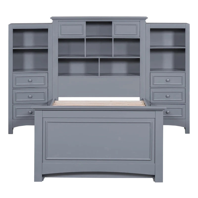 Lit plateforme double avec armoire de rangement et 4 tiroirs, gris/blanc, convient pour 1 personne