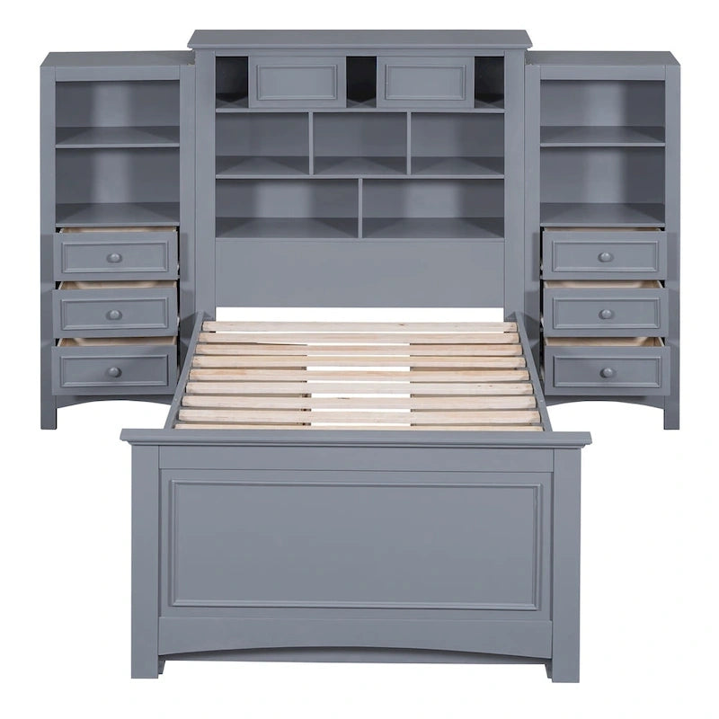Lit plateforme double avec armoire de rangement et 4 tiroirs, gris/blanc, convient pour 1 personne