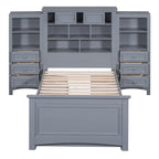 Lit plateforme double avec armoire de rangement et 4 tiroirs, gris/blanc, convient pour 1 personne