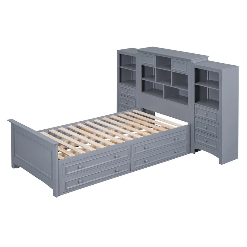 Lit plateforme double avec armoire de rangement et 4 tiroirs, gris/blanc, convient pour 1 personne