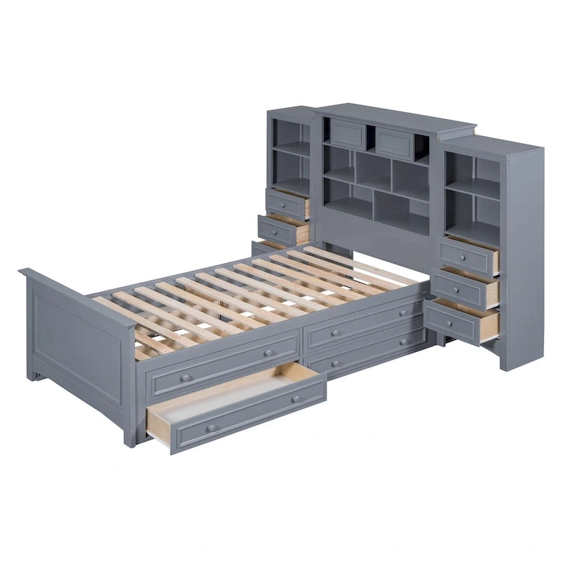 Lit plateforme double avec armoire de rangement et 4 tiroirs, gris/blanc, convient pour 1 personne