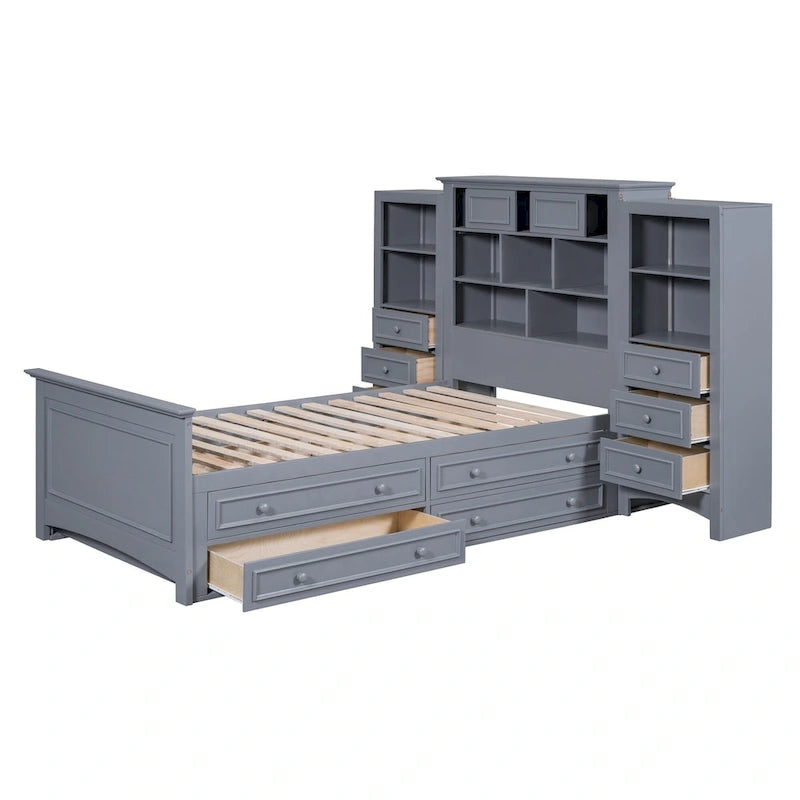 Lit plateforme double avec armoire de rangement et 4 tiroirs, gris/blanc, convient pour 1 personne