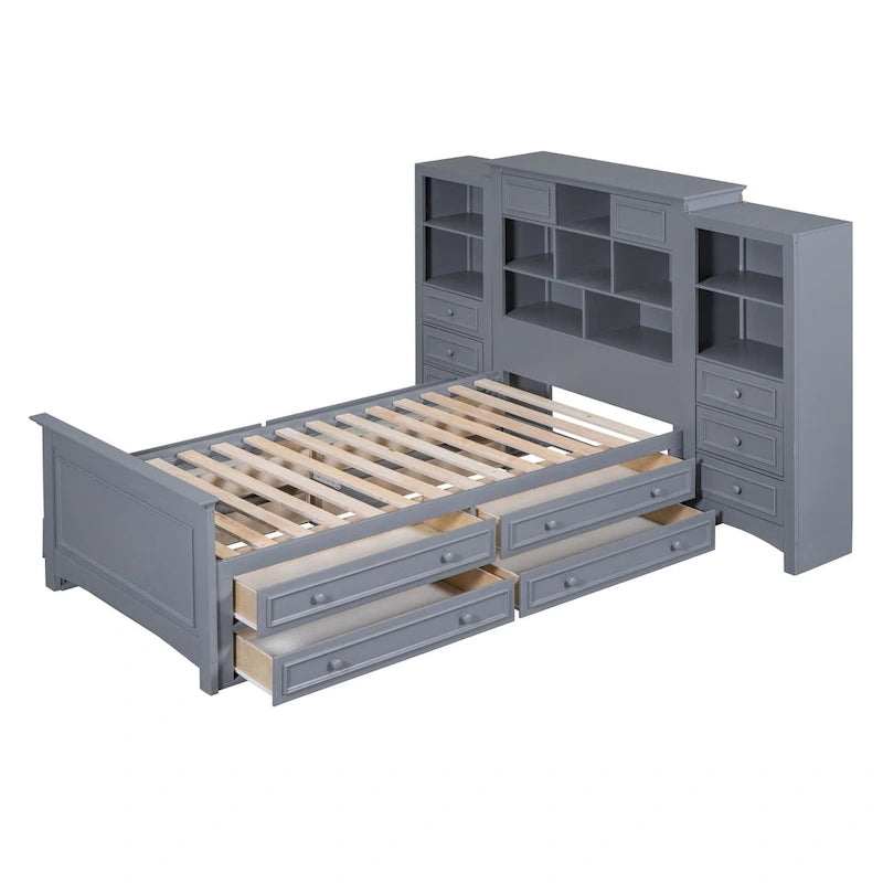 Lit plateforme double avec armoire de rangement et 4 tiroirs, gris/blanc, convient pour 1 personne