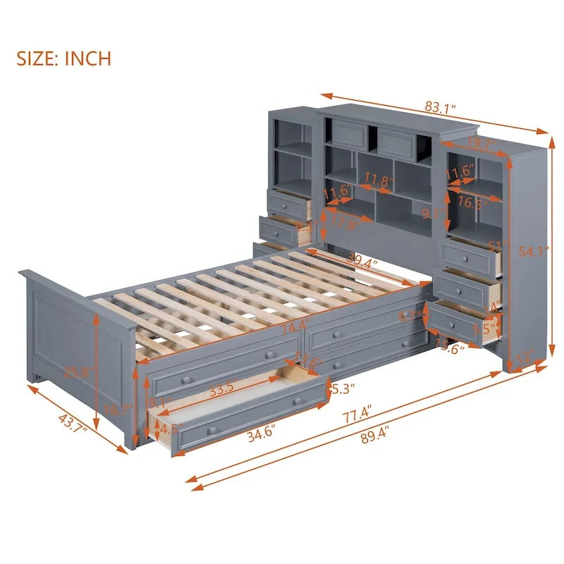 Lit plateforme double avec armoire de rangement et 4 tiroirs, gris/blanc, convient pour 1 personne