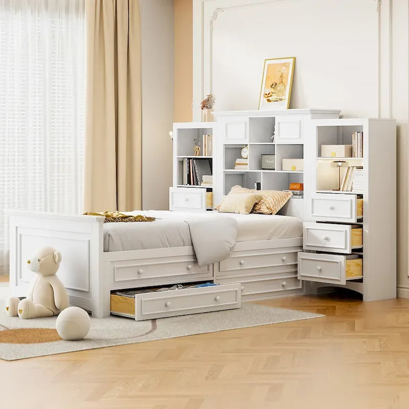 Lit plateforme double avec armoire de rangement et 4 tiroirs, gris/blanc, convient pour 1 personne