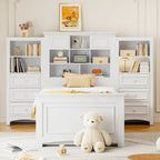 Lit plateforme double avec armoire de rangement et 4 tiroirs, gris/blanc, convient pour 1 personne