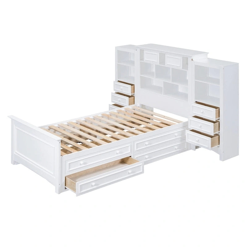 Lit plateforme double avec armoire de rangement et 4 tiroirs, gris/blanc, convient pour 1 personne