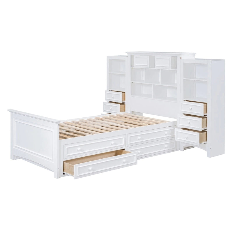 Lit plateforme double avec armoire de rangement et 4 tiroirs, gris/blanc, convient pour 1 personne