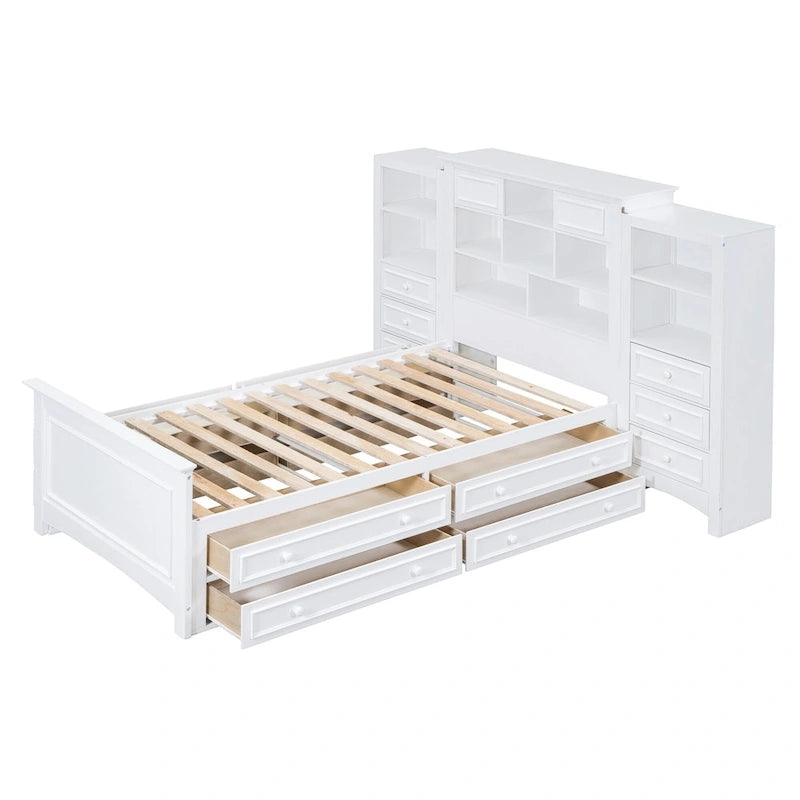 Lit plateforme double avec armoire de rangement et 4 tiroirs, gris/blanc, convient pour 1 personne