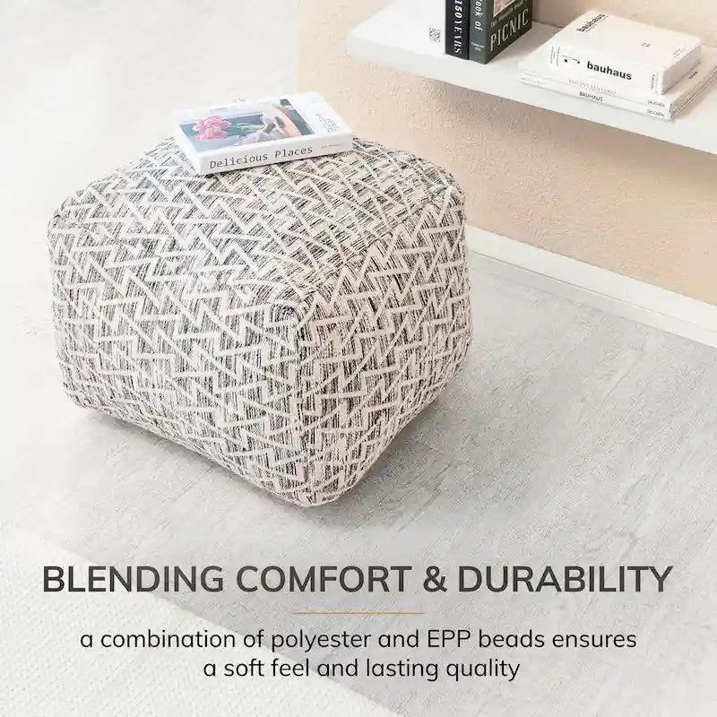 Pouf carré de 56 cm, noir et ivoire, 1 place