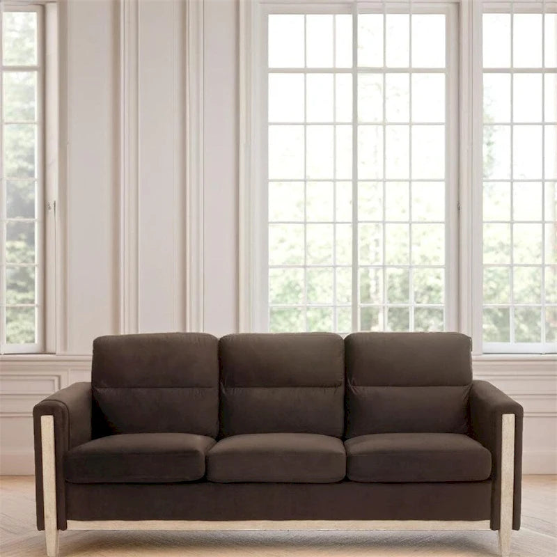 Canapé 3 places marron/beige en polyuréthane et tissu avec poche latérale