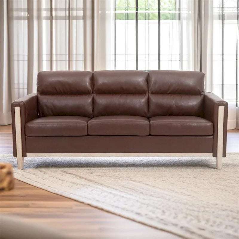 Canapé 3 places marron/beige en polyuréthane et tissu avec poche latérale