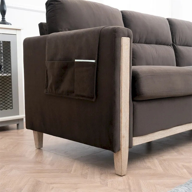 Canapé 3 places marron/beige en polyuréthane et tissu avec poche latérale
