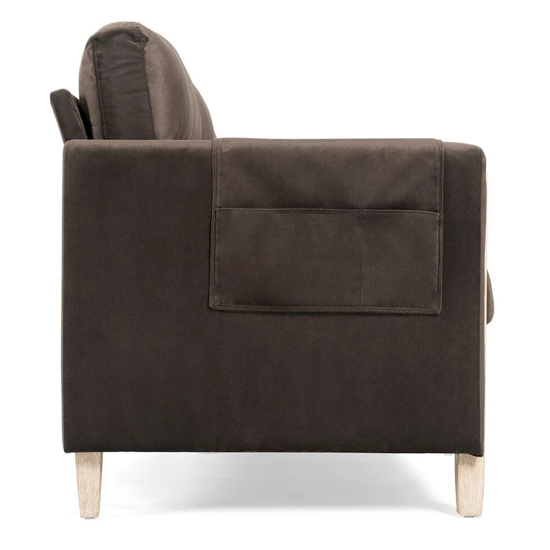 Canapé 3 places marron/beige en polyuréthane et tissu avec poche latérale
