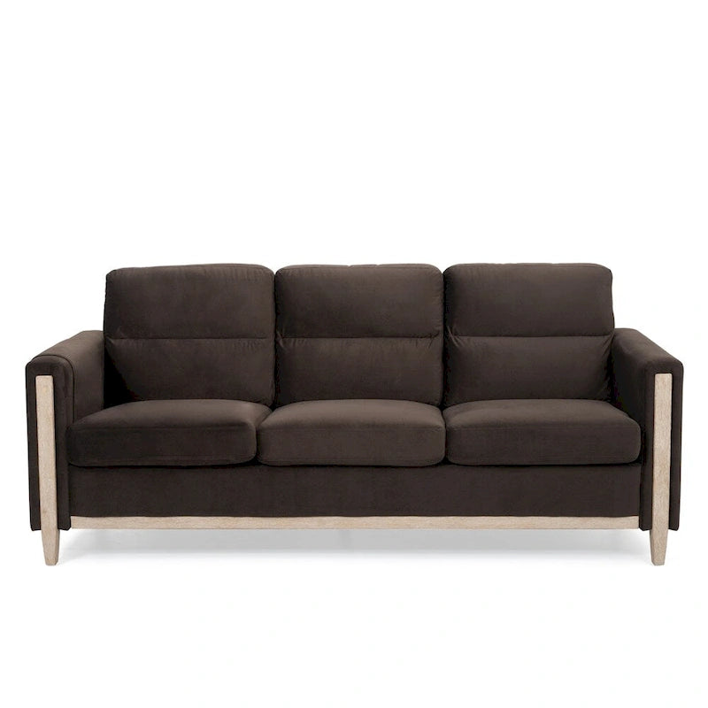 Canapé 3 places marron/beige en polyuréthane et tissu avec poche latérale
