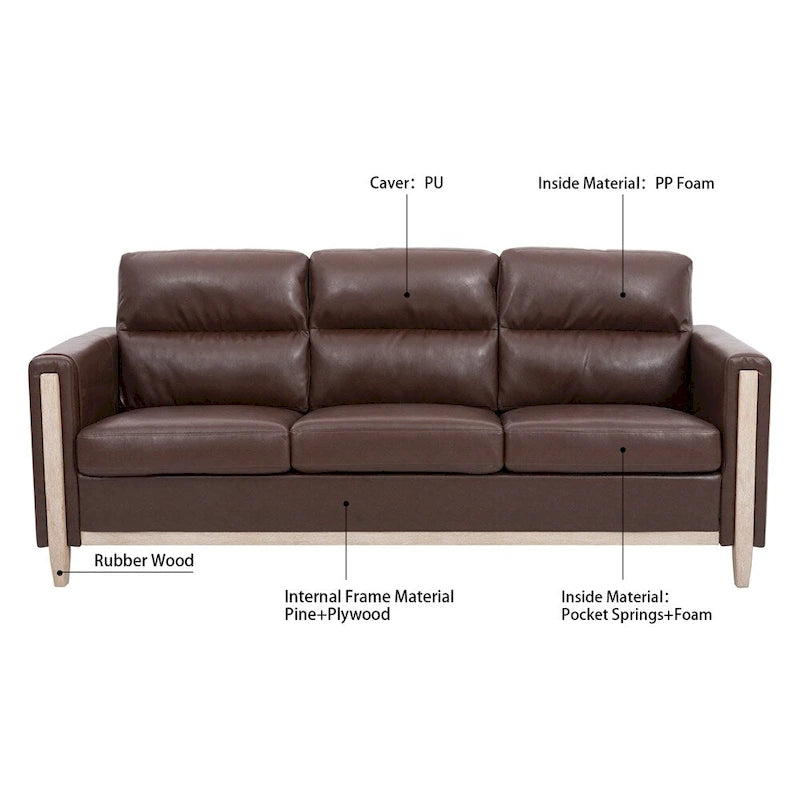 Canapé 3 places marron/beige en polyuréthane et tissu avec poche latérale