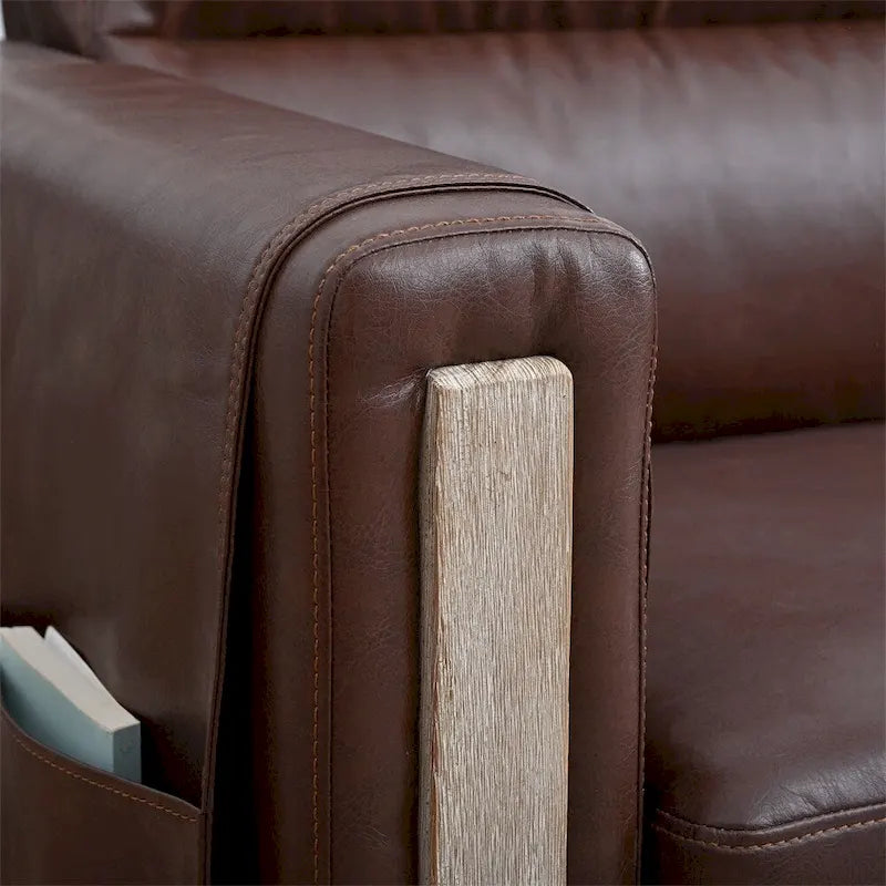 Canapé 3 places marron/beige en polyuréthane et tissu avec poche latérale