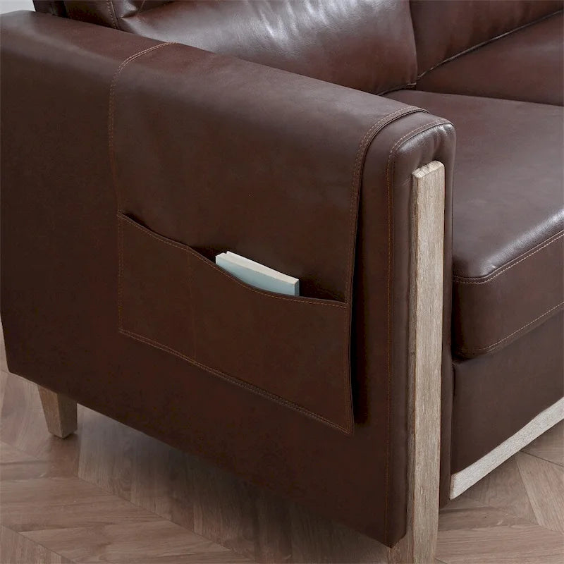 Canapé 3 places marron/beige en polyuréthane et tissu avec poche latérale