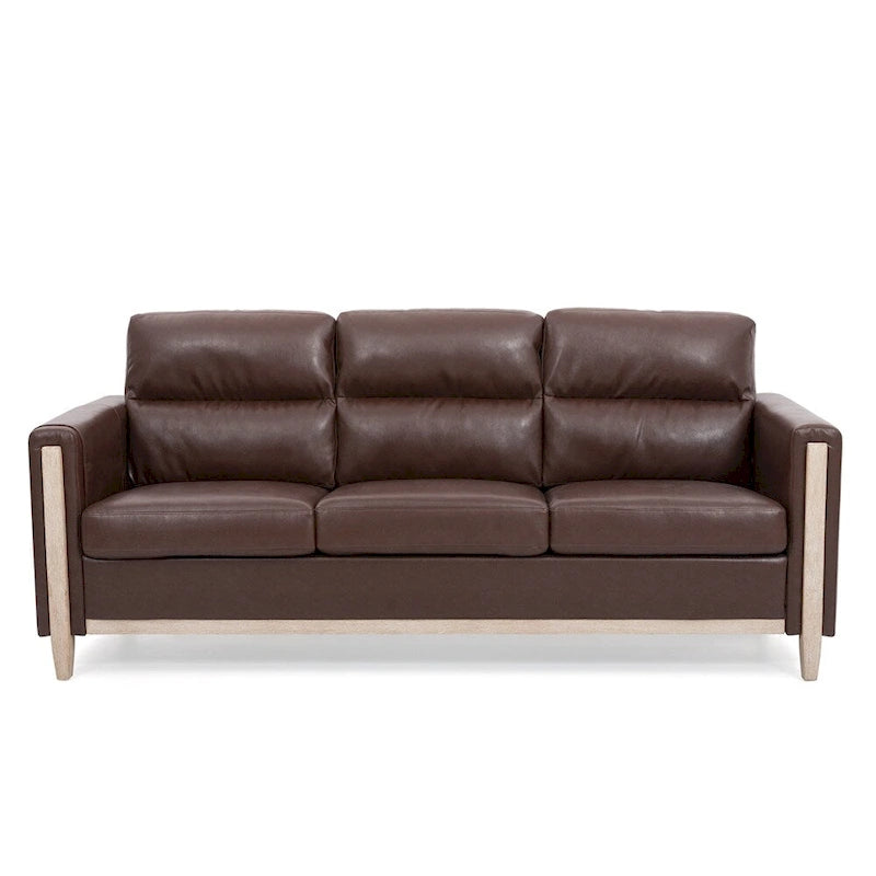 Canapé 3 places marron/beige en polyuréthane et tissu avec poche latérale
