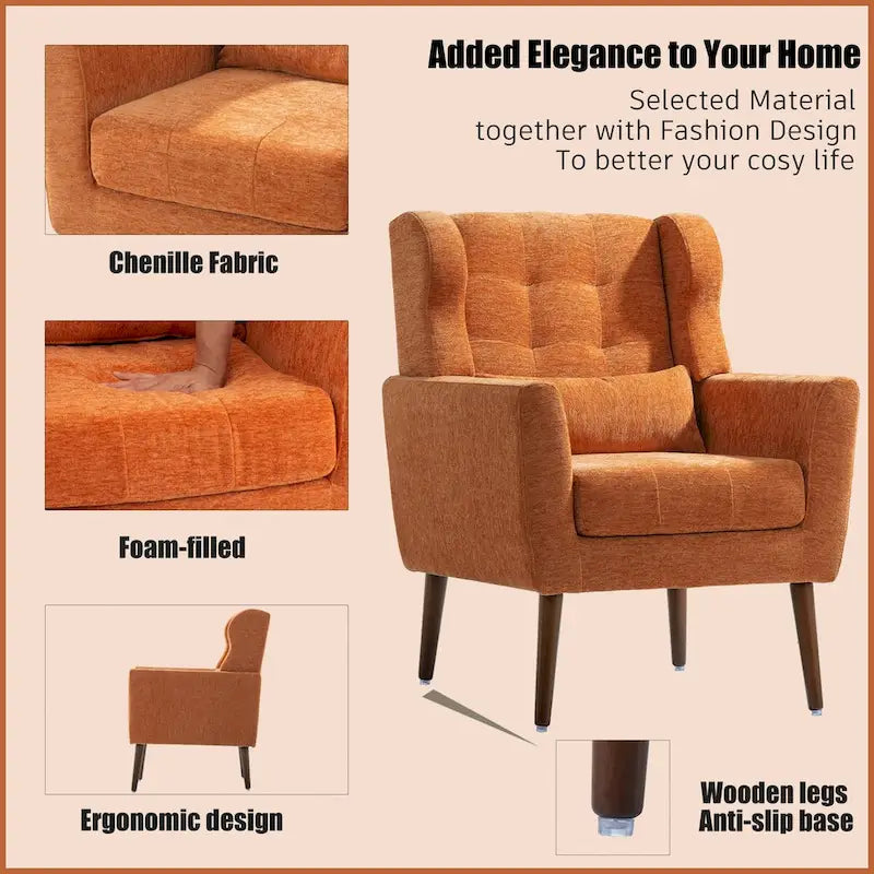 Fauteuil d'appoint rembourré avec oreiller lombaire, 1 place (Avocat/Orange/Beige/Jaune)